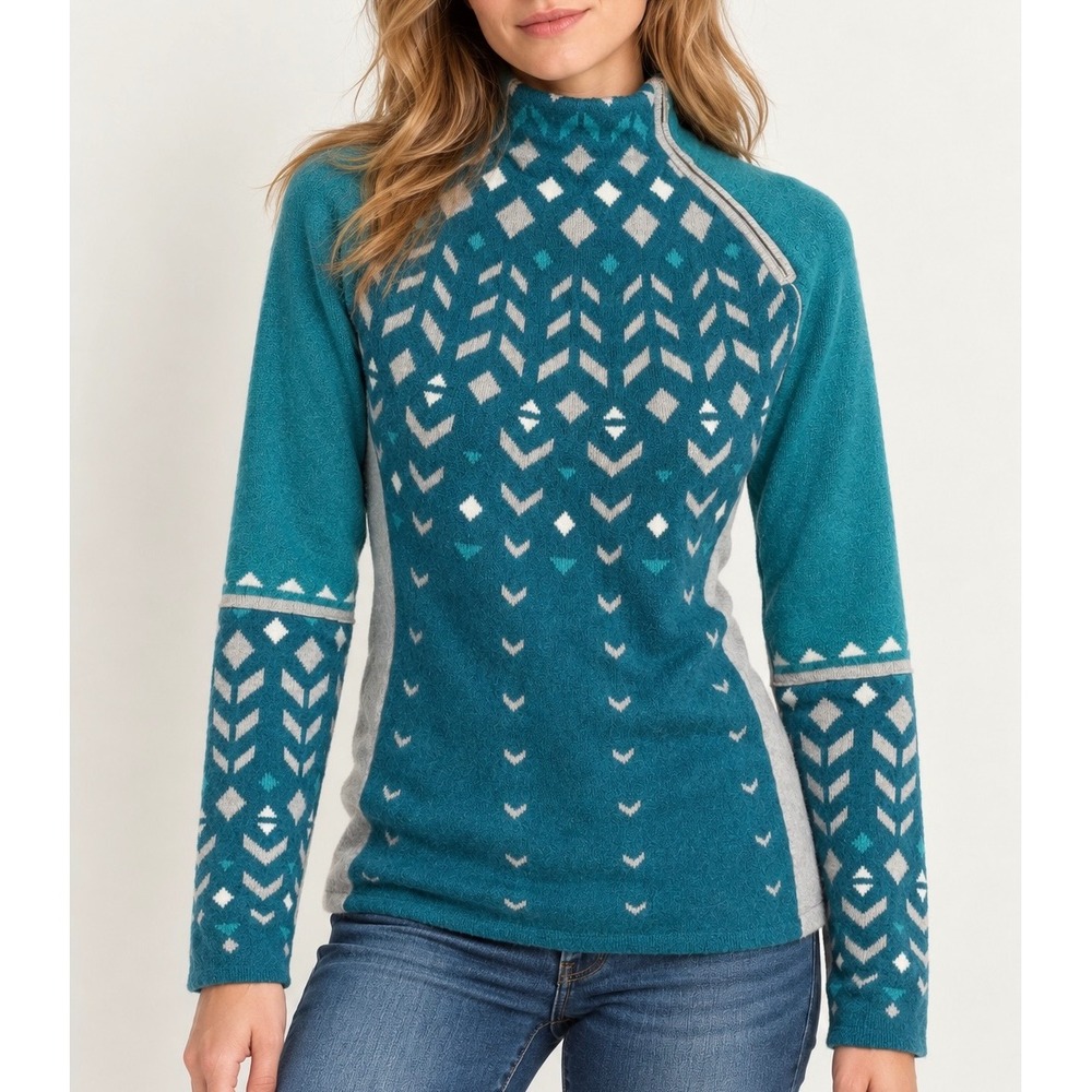 Title Nine Sweater Merino Wool Geometric Nordic Teal Gray  Medium